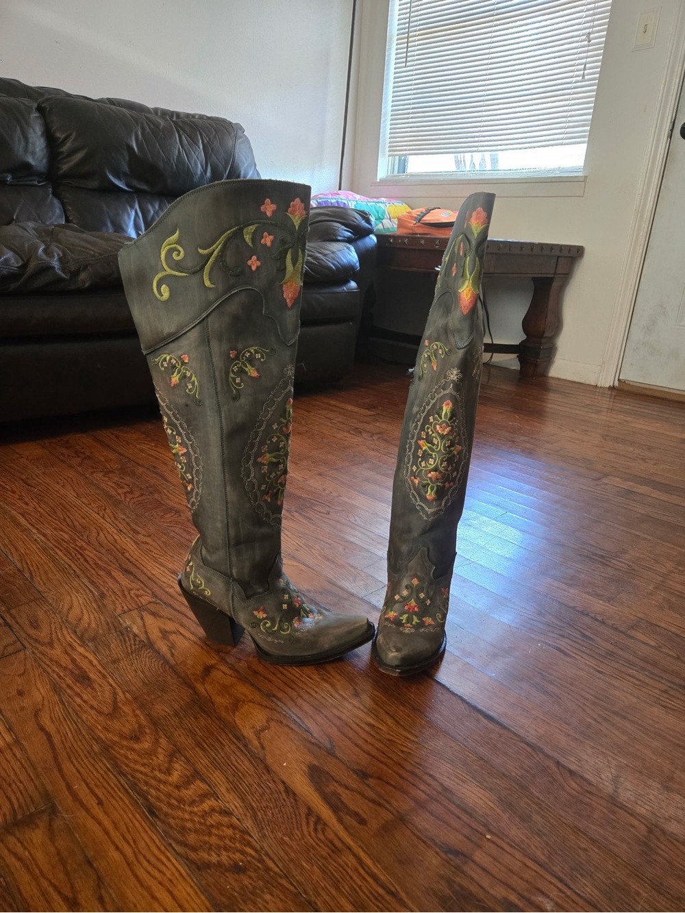 Embroidered Gray Tall Western Boots with Floral Accent